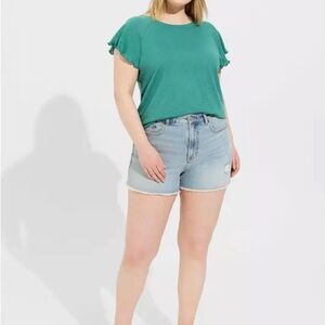 Torrid Size 2 18/20 Cotton Modal Slub Crew Neck Flutter Sleeve Tee Green NWT